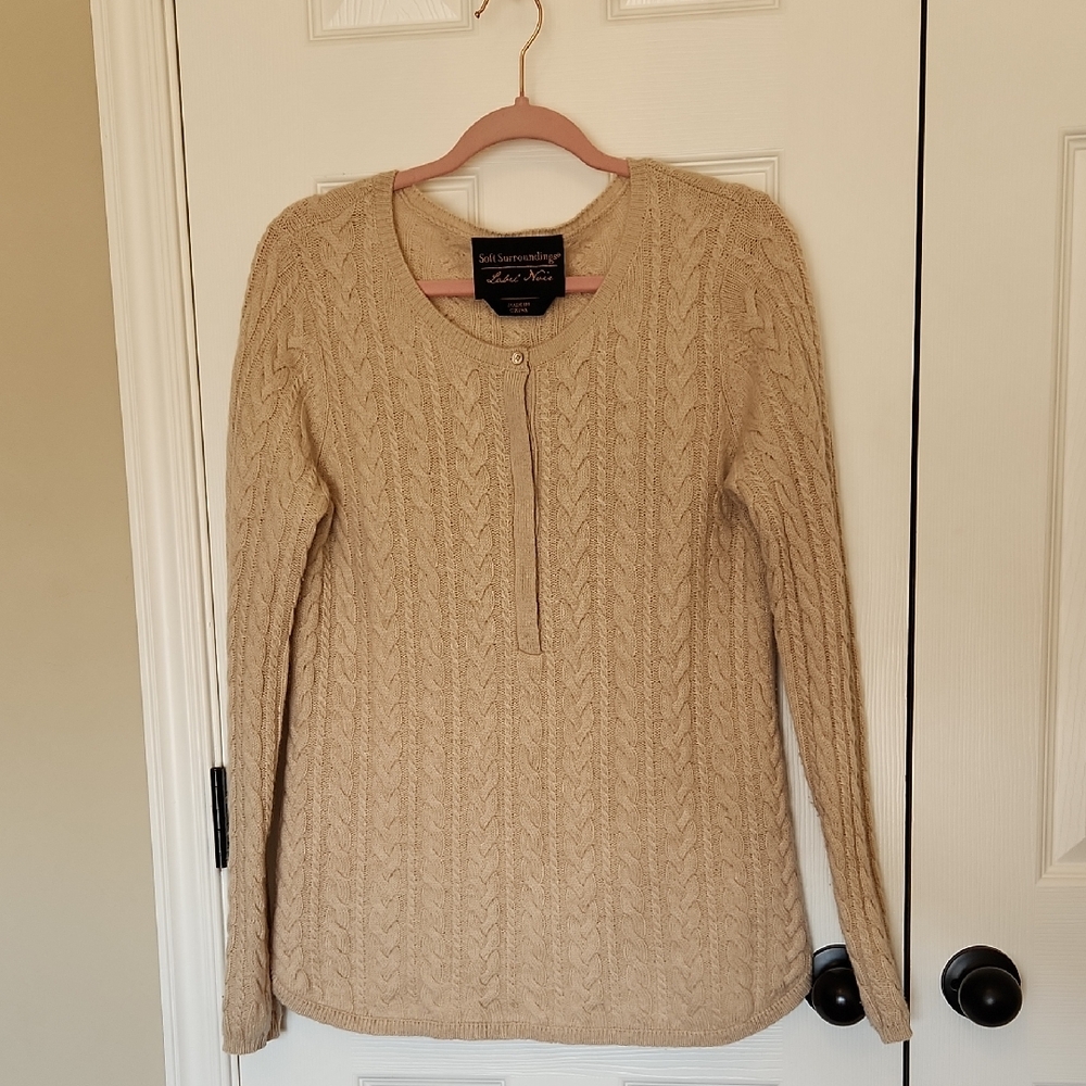 Soft Surroundings Label Noir Beige Cable Knit Cashmere Henley Sweater